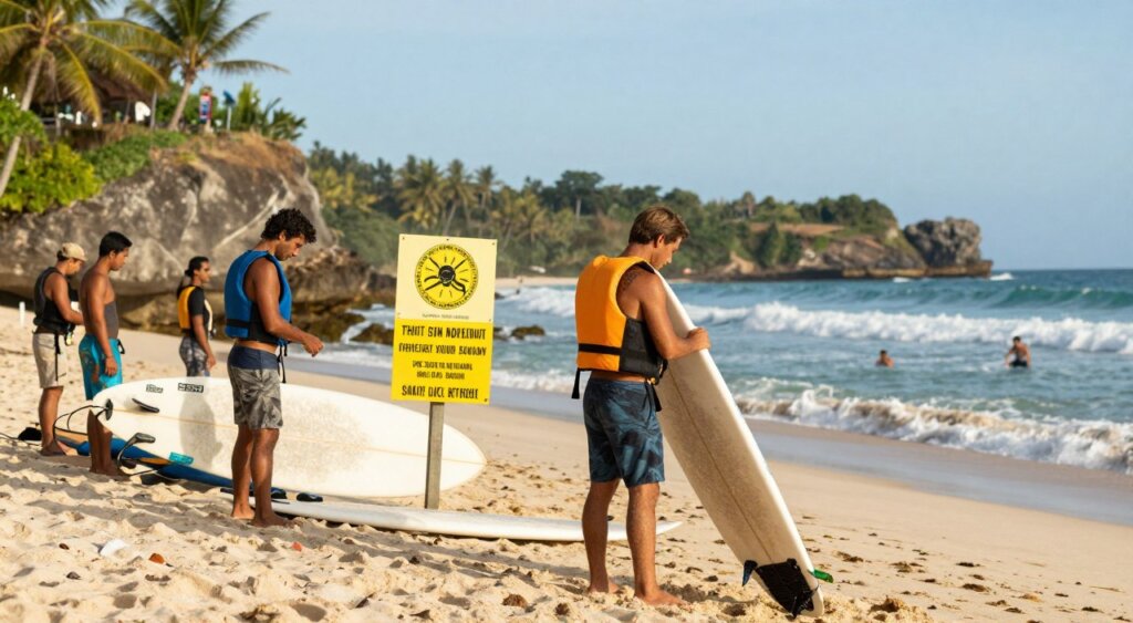 A vibrant beach scene in South Lombok, focusing on health and safety precautions for surfers. In the foreground, a group of surfers in modest, casual swimwear are preparing their boards, demonstrating the use of life jackets and sunscreen. One surfer checks a surfboard with visible safety equipment. In the middle, include safety signage on the beach emphasizing sun protection and water safety, surrounded by scenic cliffs and golden sands. The background features gentle waves and a clear blue sky, with a soft focus on distant palm trees swaying in the breeze. The lighting is warm and inviting, shooting at a low angle to capture the excitement and energy of surfing, conveying a safe and professional surfing atmosphere.