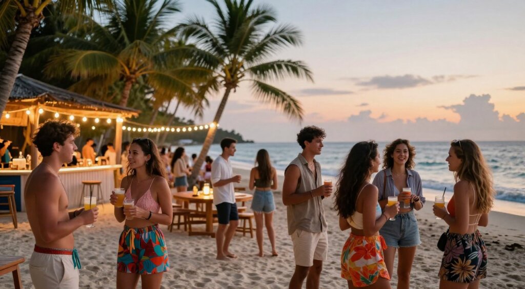 A vibrant beach scene on the Gili Islands at dusk, showcasing a lively yet safe party atmosphere. In the foreground, a group of diverse, friendly young adults dressed in colorful, modest summer clothing enjoys drinks and casual conversations while maintaining a safe distance. In the middle ground, illuminated tables and string lights create a warm, inviting ambiance, enhancing the joyful spirit of the gathering. The background features lush palm trees and gentle waves under a fading sunset, casting a serene glow over the scene. The lighting is soft and warm, evoking a sense of relaxation and fun. Capture this idyllic moment in a professional photojournalism style, emphasizing elements of safety and community as they celebrate in the picturesque setting of the Gili Islands.