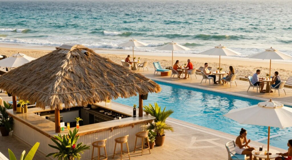 A vibrant beachfront venue featuring a stylish pool area surrounded by comfortable lounge chairs and umbrellas. In the foreground, a well-maintained bar with a thatched roof overlooks the pool, adorned with tropical plants and colorful drinks. The middle ground showcases a spacious sun deck with tables and chairs, where small groups of people in modest casual attire enjoy refreshments. In the background, the serene ocean waves gently lap against the shore, illuminated by warm, golden sunlight indicating late afternoon. The scene conveys a relaxed and inviting atmosphere, perfect for social gatherings. Capture this from a slightly elevated angle to encapsulate the entire layout, ensuring the focus remains on the amenities while maintaining a natural, sunlit ambiance.