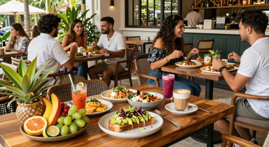A vibrant brunch scene at a stylish café in Seminyak, featuring an array of beautifully plated dishes like avocado toast, colorful smoothie bowls, and artisan coffee. In the foreground, a wooden table adorned with fresh tropical fruits and decorative plants, setting a lively yet relaxed atmosphere. In the middle ground, patrons enjoying their meals, dressed in modest casual clothing, engaged in conversation and laughter, showcasing a social and inviting environment. The background displays the café's chic interior with large windows letting in warm natural light, casting soft shadows. A sunny day enhances the cheerful mood, reminiscent of tropical paradise. Shot from an angled perspective to capture the bustling café vibe and the delicious food in focus, evoking a sense of culinary delight in Seminyak.