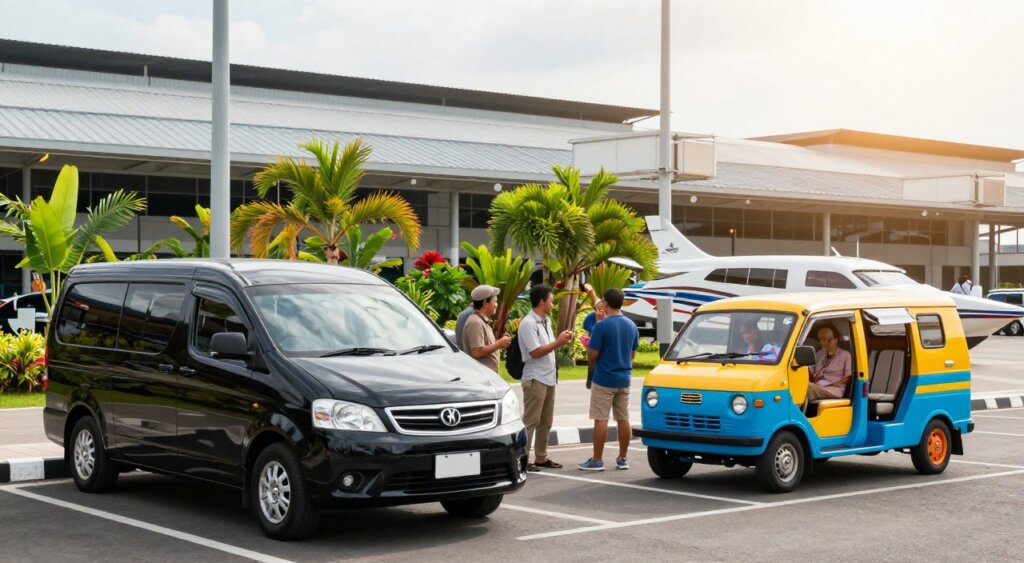 A vibrant, bustling scene at Bali's Ngurah Rai International Airport, showcasing various transportation options to Raja Ampat. In the foreground, a sleek black shuttle van is parked next to a colorful local taxi, with a distant view of a private speedboat at the terminal ready for passengers. The middle ground features travelers in modest casual clothing, discussing their journeys with friendly drivers, surrounded by lush tropical plants. The background captures the airport's architecture under a bright, sunlit sky, creating a warm and inviting atmosphere. The lighting is bright and natural, drawing attention to the lively interactions among people. Shot in a wide-angle lens to encapsulate the dynamic environment, emphasizing the excitement of departing to a stunning destination.