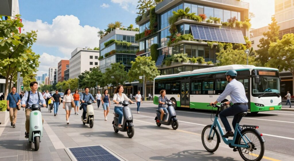 A vibrant cityscape showcasing sustainable transportation solutions. In the foreground, a sleek electric bicycle with a rider in professional attire, promoting eco-friendly commuting. In the middle ground, a busy pedestrian plaza filled with diverse people using solar-powered scooters, and a family joyfully boarding a clean, electric bus. The background features modern buildings adorned with vertical gardens and solar panels, under a bright blue sky with a few fluffy clouds. The lighting is warm and inviting, with sunlight filtering through the trees lining the streets. Capture this scene with a slight tilt-angle lens to create depth, highlighting the dynamic urban environment focused on sustainability and environmental considerations in transportation. The overall mood is optimistic and forward-looking, reflecting a commitment to greener city living.