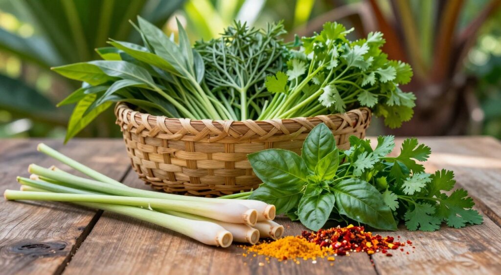 A vibrant, close-up composition of fresh herbs and spices native to Raja Ampat, presented on a rustic wooden table. In the foreground, display sprigs of lemongrass, fragrant basil, and bright green coriander, alongside a scattering of colorful spices like turmeric and chili flakes. The middle layer should feature a hand-woven basket filled with a variety of herbs, creating a nice contrast with the earthy wooden background. In the backdrop, softly blurred tropical plants reflect the lush environment of Raja Ampat, with dappled sunlight illuminating the scene, enhancing the colors and textures of the herbs. The atmosphere should convey freshness and local culinary richness, reminiscent of traditional cooking practices. Capture the essence of a warm, inviting kitchen in a tropical setting, without any human presence. A vibrant, close-up composition of fresh herbs and spices native to Raja Ampat, presented on a rustic wooden table. In the foreground, display sprigs of lemongrass, fragrant basil, and bright green coriander, alongside a scattering of colorful spices like turmeric and chili flakes. The middle layer should feature a hand-woven basket filled with a variety of herbs, creating a nice contrast with the earthy wooden background. In the backdrop, softly blurred tropical plants reflect the lush environment of Raja Ampat, with dappled sunlight illuminating the scene, enhancing the colors and textures of the herbs. The atmosphere should convey freshness and local culinary richness, reminiscent of traditional cooking practices. Capture the essence of a warm, inviting kitchen in a tropical setting, without any human presence.
