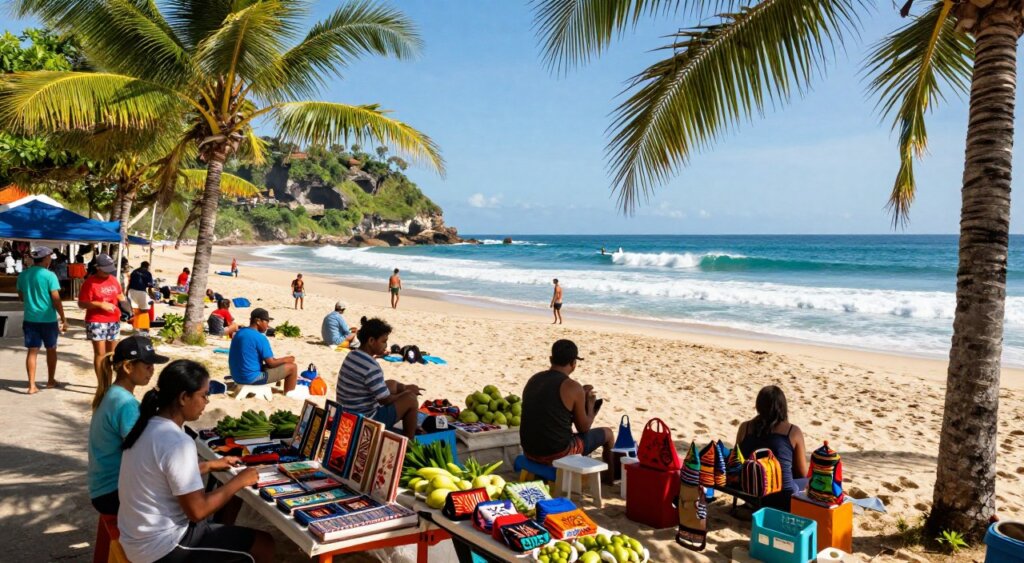 A vibrant coastal scene in Seminyak, showcasing a bustling open-air market filled with colorful local crafts and fresh produce in the foreground. Artisans display their handmade goods at bright stalls, while visitors browse and interact amid tropical palm trees. In the middle ground, the stunning sandy beach stretches out, with gentle waves lapping at the shore, and surfers riding the swell under a clear blue sky. The background features dramatic cliffs and lush greenery, hinting at the nearby temples. Natural sunlight bathes the scene, casting warm, inviting shadows. The atmosphere is lively yet serene, capturing the essence of both adventure and relaxation in this beautiful Balinese destination. Photographed with a wide-angle lens for depth and detail. A vibrant coastal scene in Seminyak, showcasing a bustling open-air market filled with colorful local crafts and fresh produce in the foreground. Artisans display their handmade goods at bright stalls, while visitors browse and interact amid tropical palm trees. In the middle ground, the stunning sandy beach stretches out, with gentle waves lapping at the shore, and surfers riding the swell under a clear blue sky. The background features dramatic cliffs and lush greenery, hinting at the nearby temples. Natural sunlight bathes the scene, casting warm, inviting shadows. The atmosphere is lively yet serene, capturing the essence of both adventure and relaxation in this beautiful Balinese destination. Photographed with a wide-angle lens for depth and detail.