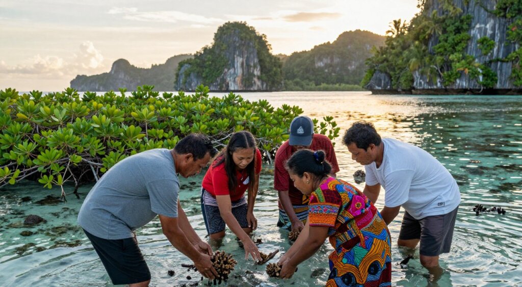 A vibrant community engagement scene in Raja Ampat, depicting local residents participating in conservation efforts. In the foreground, a group of four to five diverse individuals in modest, casual clothing, including a woman wearing a colorful traditional dress, are collaborating on a coral planting project, their hands immersed in shallow turquoise water. In the middle ground, lush green mangroves frame the area, with bright coral reefs visible beneath the water's surface. The background showcases the stunning karst islands of Raja Ampat, bathed in soft golden light of the late afternoon sun, casting gentle reflections on the water. The atmosphere is warm and inviting, highlighting the spirit of unity and environmental stewardship among the community. The shot is taken from a low angle, emphasizing the participants’ actions and the breathtaking landscape surrounding them.