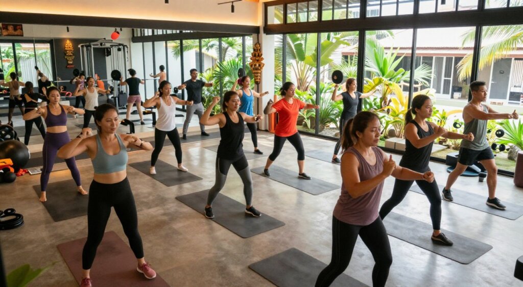 A vibrant community fitness event taking place at a stylish Seminyak workout studio with large glass windows letting in natural light. In the foreground, a diverse group of participants, dressed in comfortable athletic wear, engage in a dynamic workout led by an energetic instructor. The middle features a gym space filled with exercise mats, weights, and fitness equipment, while unique Balinese decorations add a local flair. In the background, tropical plants can be seen through the windows, highlighting the studio's serene environment. The image should be taken from a slightly elevated angle, showcasing the action of the workout and the camaraderie among participants. The atmosphere is lively and encouraging, reflecting a sense of community and wellness, with warm, inviting lighting that enhances the overall energetic vibe.