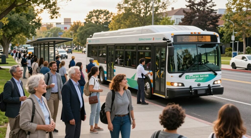A vibrant community transportation scene, showcasing a modern shuttle bus pulling up to a busy local transit stop. In the foreground, diverse passengers, including seniors and families, are waiting with joyful expressions, dressed in professional business attire and modest casual clothing. In the middle ground, the sleek shuttle features accessible ramps and eco-friendly branding, while friendly staff assist passengers. The background includes a lush park and community landmarks, with trees and greenery adding life to the scene. Soft morning light illuminates the environment, creating a warm, welcoming atmosphere. Capture the essence of community and connectivity, evoking a sense of unity among residents in a bustling urban setting. Use a wide-angle lens to provide depth, focusing on the interaction between people and transportation.