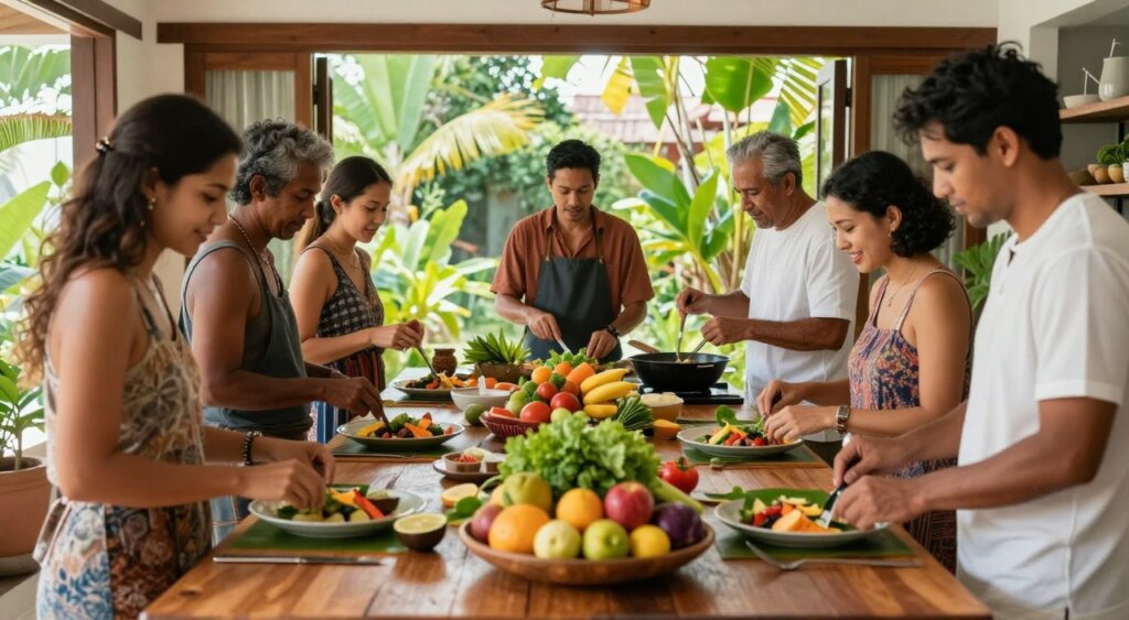 A vibrant cooking class scene set in a stylish Seminyak kitchen, showcasing a group of diverse adults, all wearing modest casual clothing, engaged in hands-on cooking activities. In the foreground, a close-up of colorful fresh ingredients like tropical fruits, vegetables, and spices on a rustic wooden table. The middle-ground features the participants happily preparing dishes while a professional instructor demonstrates techniques, exuding enthusiasm. In the background, large windows showcase a lush garden, filled with tropical plants, allowing natural light to flood the space, creating a warm and inviting atmosphere. The image captures the joy of learning and cultural immersion in a sophisticated yet relaxed environment, reminiscent of National Geographic’s photojournalistic style, with rich details and vivid colors.