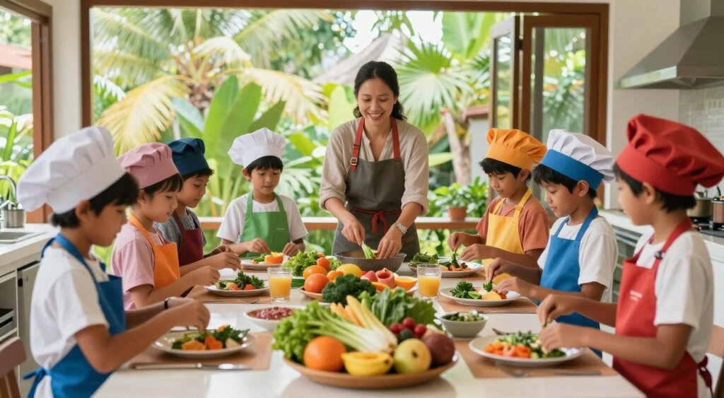 A vibrant cooking class scene set in a well-lit, airy kitchen in Seminyak, Bali. In the foreground, a diverse group of children, ages 6 to 10, wearing colorful aprons and chef hats, are happily interacting as they prepare local ingredients under the guidance of a friendly adult instructor. The middle section showcases a beautifully arranged table with fresh vegetables, fruit, and cooking utensils. In the background, large windows reveal lush tropical greenery and sunlight streaming in, creating a warm, inviting atmosphere. The mood is joyful and lively, capturing the essence of family-friendly cooking activities. The image should be taken with a wide-angle lens to encompass the entire scene, illuminated by soft, natural light for a welcoming feel.