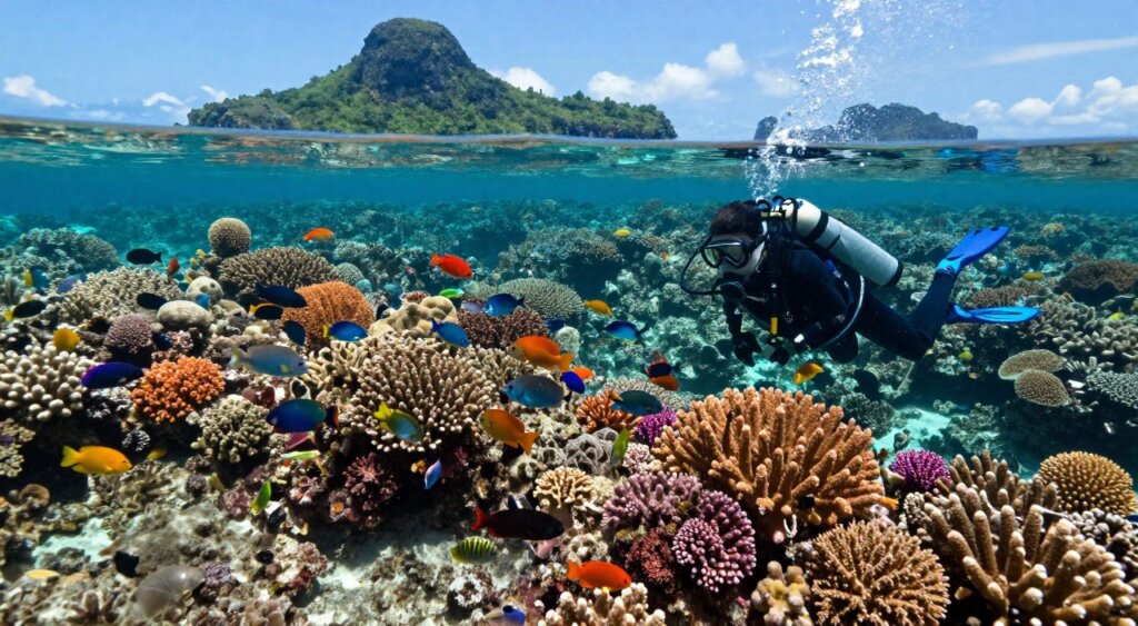 A vibrant coral reef in Raja Ampat teeming with life, showcasing diverse species of fish and intricate coral formations in vivid colors. In the foreground, a scuba diver in professional dive attire examines a colorful coral garden, capturing the essence of conservation efforts. The middle ground features schools of tropical fish swimming harmoniously among the corals, while the background reveals clear turquoise waters and lush, green islands under a bright blue sky. Lighting is bright and natural, emphasizing the shimmering water and the vivid colors of the marine life. The atmosphere feels serene yet vibrant, highlighting the beauty and importance of marine conservation in this pristine environment.