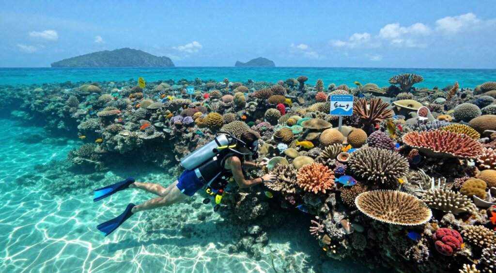 A vibrant coral reef scene in the Gili Islands showcasing marine conservation efforts, set in crystal-clear turquoise waters. In the foreground, a diver wearing modest dive gear gently examines a colorful coral formation, surrounded by a school of tropical fish. In the middle ground, vibrant corals in various shapes and sizes create a rich tapestry of underwater life, with a few small marine conservation markers indicating protected areas. The background features distant islands and a clear blue sky, hinting at a tranquil day. Soft sunlight filters through the water, creating a play of light and shadow that enhances the colors. The mood is serene and hopeful, reflecting the importance of environmental conservation. Shot with a wide-angle lens to capture the vastness and beauty of this underwater habitat, with a focus on details.
