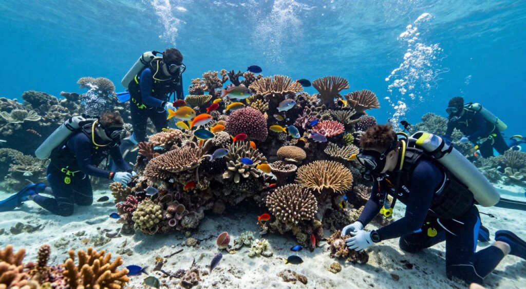A vibrant coral reef teeming with diverse marine life, where a team of conservationists in professional snorkeling gear works diligently to restore the coral. In the foreground, individuals are carefully planting coral fragments on a sandy ocean floor. The middle layer captures the stunning array of colorful fish darting around the coral, showcasing the thriving ecosystem. In the background, sun rays penetrate the clear blue water, illuminating the reef and creating a serene, peaceful atmosphere. The scene is shot with a wide-angle lens, bringing a sense of depth and immersiveness, while the lighting highlights the vivid colors of the corals and marine life, evoking a mood of hope and dedication to conservation efforts.