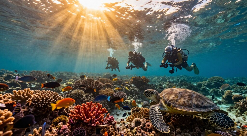 A vibrant coral reef teeming with marine life, showcasing various species of fish, sea turtles, and vibrant corals in the foreground. In the middle ground, a team of marine researchers, dressed in modest casual attire, conducts underwater monitoring using sophisticated equipment like underwater video cameras and research tools. They are engaged in collecting data and observing the ecosystem. In the background, the stunning pristine waters of Raja Ampat glisten under a warm, golden sunset, casting dynamic reflections and illuminating the underwater scene. The composition is captured from an underwater perspective, giving a sense of depth and the thriving biodiversity below the surface. The mood evokes a sense of wonder and urgency for conservation efforts.