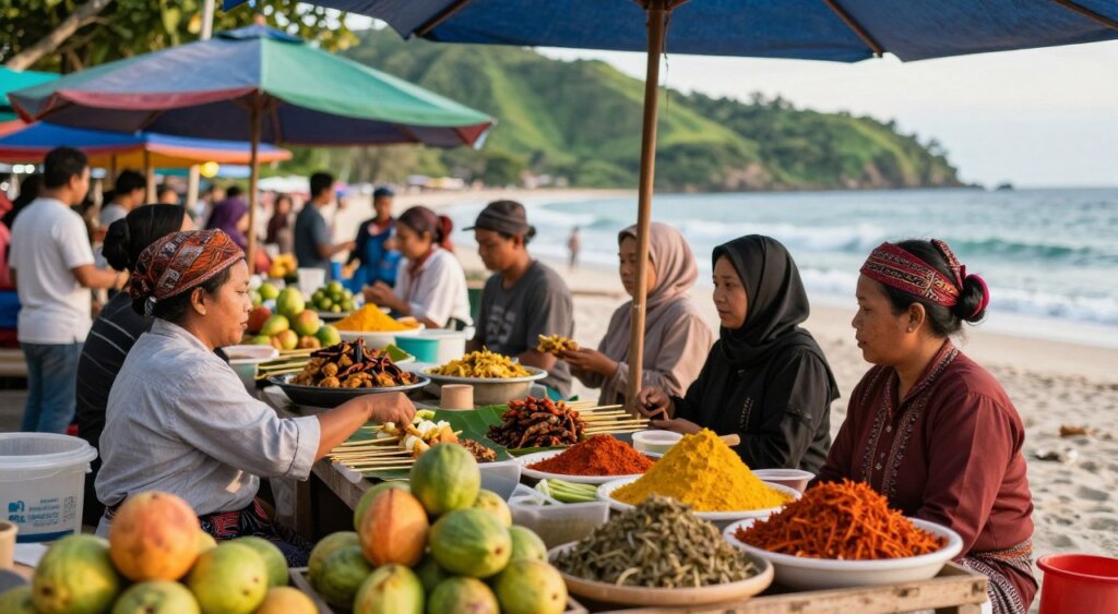 A vibrant culinary food market scene set on the lively Lombok Gili Islands, capturing the essence of local flavors and culture. In the foreground, a variety of colorful fresh fruits and vibrant spices are displayed on wooden stalls, with local vendors dressed in modest traditional attire engaging with customers. The middle ground features tourists sampling street food, like satay skewers and nasi goreng, under colorful market canopies. In the background, scenic views of the lush green hills and serene beach can be seen, with gentle waves lapping at the shore. The lighting is warm and inviting, suggesting a late afternoon ambiance, with a slight bokeh effect on the background to emphasize the bustling market atmosphere. The overall mood is lively and vibrant, reflecting the culinary richness of Lombok. A vibrant culinary food market scene set on the lively Lombok Gili Islands, capturing the essence of local flavors and culture. In the foreground, a variety of colorful fresh fruits and vibrant spices are displayed on wooden stalls, with local vendors dressed in modest traditional attire engaging with customers. The middle ground features tourists sampling street food, like satay skewers and nasi goreng, under colorful market canopies. In the background, scenic views of the lush green hills and serene beach can be seen, with gentle waves lapping at the shore. The lighting is warm and inviting, suggesting a late afternoon ambiance, with a slight bokeh effect on the background to emphasize the bustling market atmosphere. The overall mood is lively and vibrant, reflecting the culinary richness of Lombok.