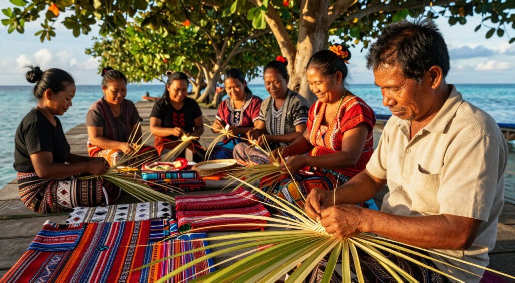 A vibrant cultural scene in Raja Ampat, featuring local villagers engaged in traditional crafts. In the foreground, a man in modest clothing skillfully weaving a basket from palm leaves, surrounded by colorful traditional textiles. In the middle ground, a small group of women adorned in intricate, traditional attire, collaborating on the creation of decorative handicrafts, their bright smiles radiating warmth and community. The background reveals lush tropical vegetation, with the azure ocean peeking through, hinting at the region’s exquisite natural beauty. The lighting is soft, capturing the golden hues of the late afternoon sun, evoking a sense of tranquility and cultural richness. The image is shot with a 35mm lens from a slightly elevated angle, creating depth and an immersive perspective. The atmosphere feels inviting and dynamic, showcasing the essence of Raja Ampat's unique cultural experiences.