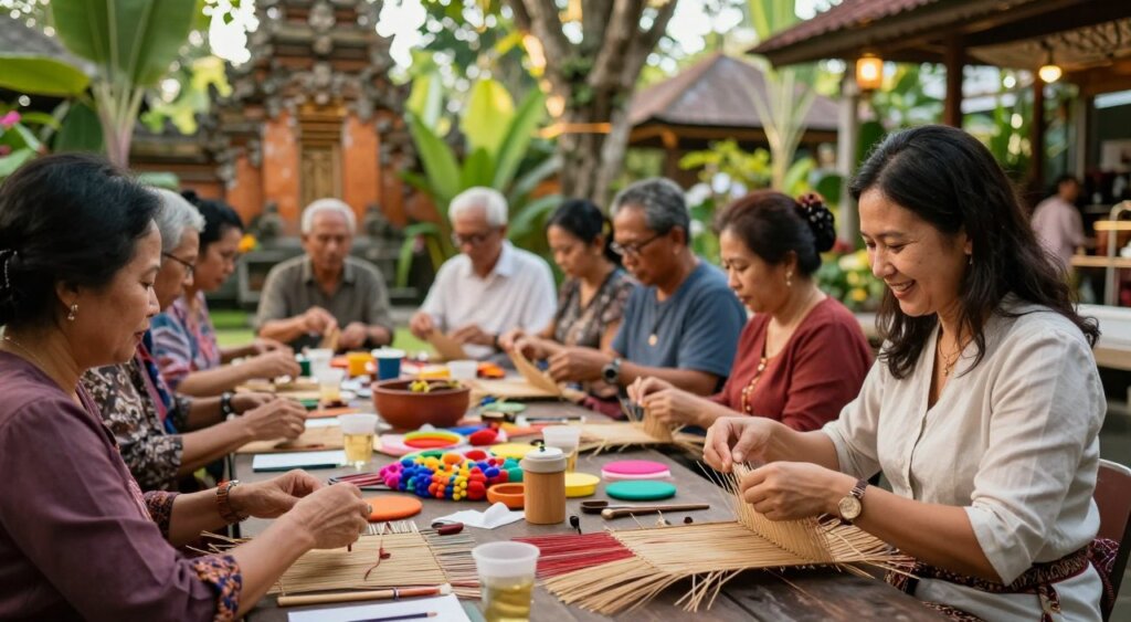 A vibrant cultural workshop set in a lush Bali garden, showcasing a diverse group of expats engaged in traditional Balinese craft-making. In the foreground, a smiling woman in professional casual attire demonstrates intricate weaving techniques to an engaged group of participants. In the middle ground, attendees of various ethnicities, dressed in comfortable yet respectful clothing, are seated around a large table filled with colorful materials and tools. The background features tropical greenery and a serene Balinese temple, softly illuminated by warm, natural light filtering through the trees. The scene captures a sense of community, learning, and cultural exchange, evoking a welcoming and inclusive atmosphere. Shot with a shallow depth of field to emphasize the interaction among participants, utilizing a wide-angle lens for a dynamic composition.