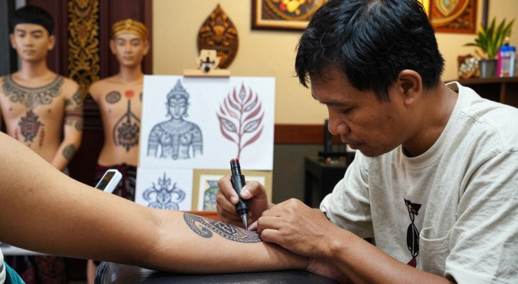 A vibrant, detailed image of traditional Seminyak tattoos, showcasing intricate patterns and designs inspired by Balinese culture. In the foreground, a close-up of a skilled tattoo artist working on a client's arm, wearing modest casual clothing to reflect the local culture. The artist's hands carefully apply ink, accentuating the precision and artistry involved. In the middle ground, a variety of tattoo designs can be seen on displayed models or sketches, featuring symbols linked to spirituality and nature unique to Seminyak. The background reveals an inviting, warm-toned studio adorned with traditional Balinese decor and soft, ambient lighting that creates a serene atmosphere. The overall mood is one of cultural reverence and artistic expression, captured in a photojournalism style reminiscent of National Geographic quality.