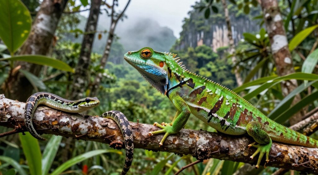 A vibrant, detailed scene capturing the unique reptiles of Raja Ampat. In the foreground, feature a striking green tree monitor elegantly perched on a branch, showcasing its colorful scales and sharp, inquisitive eyes. In the middle ground, include a horizontal view of a secluded tropical forest, revealing various reptile species like the Raja Ampat skink and a camouflaged emerald pit viper partially hidden among lush foliage. In the background, illustrate a faint mist rising from limestone cliffs, hinting at the rich biodiversity. Use soft, natural lighting to highlight the textures of the reptiles and the lush surroundings, resembling a National Geographic-style photojournalism image, conveying a sense of wonder and exploration in this unique ecosystem.
