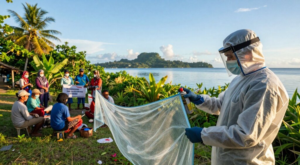A vibrant, detailed scene depicting anti-malaria measures in Raja Ampat. In the foreground, a health worker in modest attire, wearing protective gear, examines mosquito nets and spray cans, emphasizing proactive measures against malaria. In the middle ground, lush tropical foliage and a small community gathering demonstrate local engagement in health education. The background features the stunning Raja Ampat islands under soft, warm sunlight, with clear blue skies and calm waters, representing the beautiful yet at-risk environment. The mood is informative and hopeful, highlighting community efforts in combating malaria. The image should have a natural color palette, with a focus on realism and clarity, reminiscent of National Geographic photography, shot with a mild depth of field to emphasize the foreground. A vibrant, detailed scene depicting anti-malaria measures in Raja Ampat. In the foreground, a health worker in modest attire, wearing protective gear, examines mosquito nets and spray cans, emphasizing proactive measures against malaria. In the middle ground, lush tropical foliage and a small community gathering demonstrate local engagement in health education. The background features the stunning Raja Ampat islands under soft, warm sunlight, with clear blue skies and calm waters, representing the beautiful yet at-risk environment. The mood is informative and hopeful, highlighting community efforts in combating malaria. The image should have a natural color palette, with a focus on realism and clarity, reminiscent of National Geographic photography, shot with a mild depth of field to emphasize the foreground.