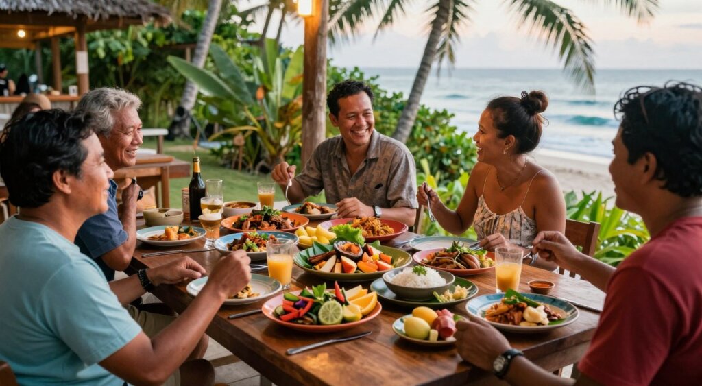 A vibrant dining scene at the Lombok Surf House, showcasing a beautifully set wooden table adorned with locally sourced Indonesian dishes. In the foreground, a delightful array of colorful plates filled with fresh seafood, fruits, and traditional rice dishes. In the middle, a few guests dressed in casual beach attire enjoy their meal, laughing and exchanging stories, adding a sense of warmth and community. In the background, lush tropical greenery frames the setting, with the ocean visible through palm trees, hinting at the surf culture. The lighting is warm and inviting, suggesting a late afternoon glow, capturing a relaxed, inviting atmosphere. Shot in a natural, candid photojournalism style, with a slightly elevated angle to provide a comprehensive view of this charming dining experience.