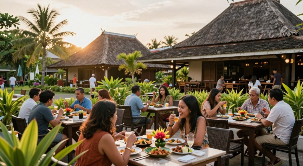A vibrant dining scene capturing popular restaurant areas in Lombok, Indonesia. In the foreground, a bustling outdoor dining area with elegantly set tables featuring local delicacies and tropical flowers. In the middle, groups of friendly diners enjoying their meals; they are dressed in casual, modest attire. The background showcases traditional Lombok architecture, surrounded by lush greenery and palm trees, with soft sunlight filtering through. The atmosphere is lively and welcoming, reflecting the island's culinary culture. Shot with a wide-angle lens at sunset to enhance the warm, inviting tones and create depth, providing a National Geographic-quality photojournalism style.