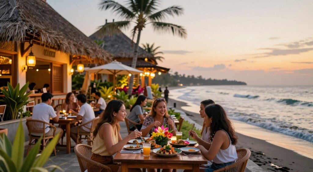 A vibrant dining scene in Amed, Bali, showcasing a collection of top restaurants along a coastal pathway. In the foreground, a beautifully set wooden table adorned with tropical flowers, colorful dishes of local cuisine, and stylish, modestly dressed diners enjoying their meals. The middle ground reveals an array of charming restaurant facades with thatched roofs, glowing lanterns, and decorative plants, all illuminated by warm, soft lighting that creates an inviting atmosphere. In the background, the serene waves of the Bali sea gently lap against the shore during sunset, adding a golden hue to the sky. The composition captures the essence of Amed’s unique dining experience, with a focus on authenticity and warmth in a vibrant, picturesque setting. The photo should have a shallow depth of field for a soft blur effect on the background.