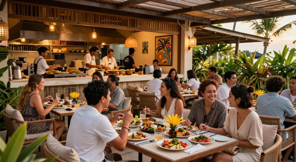 A vibrant dining scene in Seminyak, showcasing an outdoor restaurant setting filled with diverse diners enjoying their meals. In the foreground, elegantly set tables adorned with colorful dishes and tropical flowers. Cozy seating arrangements feature people in modest casual attire, laughing and conversing, capturing the warmth of communal dining. The middle ground highlights a bustling restaurant atmosphere with waitstaff attentively serving food and drinks, while chefs are visible in an open kitchen, skillfully preparing gourmet dishes. The background reveals tropical greenery and local artwork, enhancing the cultural experience. Soft, golden ambient lighting creates an inviting and lively mood, evoking the essence of Seminyak's culinary landscape during sunset. The scene is captured with a wide-angle lens at a slight upward angle, framing the joyful interactions among diners and the exquisite surroundings.