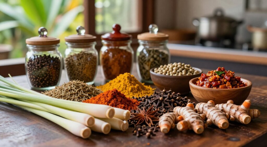 A vibrant display of Balinese spices arranged artistically on a dark wooden table, showcasing a rich variety of colors and textures. In the foreground, tightly cropped images of fresh lemongrass, turmeric, and galangal sit alongside a bowl of chili paste, exuding a sense of authenticity and freshness. In the middle ground, beautifully crafted spice jars filled with cumin, coriander, and cloves create a warm, inviting atmosphere. The background features a blurred view of a traditional Balinese kitchen, with subtle hints of lush tropical foliage visible through an open window, allowing soft, natural light to filter in. The warm, earthy tones evoke a sense of comfort and depth, emphasizing the rich culinary heritage of Bali. The image should have a soft focus, simulating a shallow depth of field to highlight the spices in crisp detail while creating an immersive, tranquil ambiance.