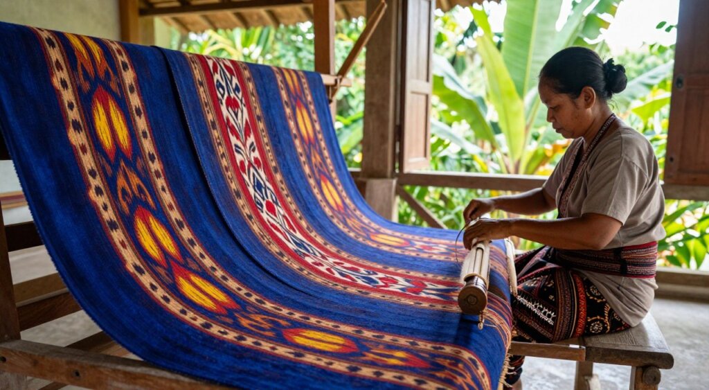 A vibrant display of Lombok Komodo woven ikat textiles draped over a wooden loom in a sunlit artisan workshop. In the foreground, the intricate patterns of the textiles, showcasing rich indigo blues, earthy reds, and vivid yellow highlights, create a striking visual tapestry. In the middle ground, a skilled artisan, dressed in modest traditional attire, expertly works on a weaving project, their hands skillfully guiding the threads. The background features lush greenery visible through an open window, providing a sense of the island's natural beauty. Soft, natural lighting floods the scene, accentuating the textures and colors of the fabric, evoking a warm, inviting atmosphere that reflects the cultural heritage of Lombok.