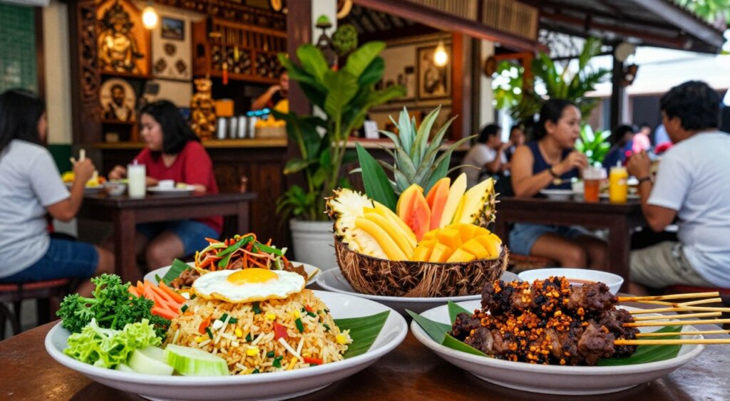 A vibrant display of traditional Balinese cuisine in Seminyak, featuring a beautifully arranged table filled with colorful dishes. In the foreground, a platter of Nasi Goreng, Indonesian fried rice garnished with fresh vegetables and a fried egg sits alongside Sate Lilit, spiced minced meat skewers. The middle layer showcases a coconut bowl filled with fresh tropical fruits, including mango, papaya, and pineapple, artfully sliced. In the background, a cozy eatery with Balinese decor, including wooden carvings and lush greenery, is softly illuminated by warm, natural light. The scene captures the lively ambiance of Seminyak Eat Street, where locals and tourists savor their meals together, evoking a sense of culinary adventure and cultural richness. The photograph should be taken at eye level with a shallow depth of field to enhance focus on the food while slightly blurring the background.