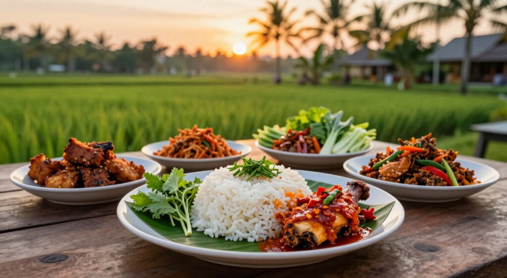 A vibrant display of traditional Indonesian dishes set on a wooden table in Kuta, Lombok. In the foreground, a beautifully arranged plate featuring Nasi Lombok (spiced rice) garnished with fresh herbs, Ayam Taliwang (grilled chicken) with a rich chili sauce, and a side of smoky Tempeh. The middle ground reveals colorful sambals and fresh vegetables, each dish artfully presented. In the background, lush green rice paddies and palm trees reflect Lombok's natural beauty, under a warm golden sunset. The atmosphere is inviting and lively, evoking a sense of community and local culture. Shot with a shallow depth of field to emphasize the food, using natural light to enhance textures and colors, capturing the essence of traditional dining in Lombok.