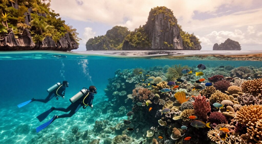 A vibrant diving scene in Raja Ampat, showcasing a crystal-clear turquoise sea teeming with colorful coral reefs and diverse marine life. In the foreground, a group of three divers in professional wetsuits explore the underwater world, marveling at a school of fish swimming nearby. The middle layer features striking coral formations and various tropical fish, creating a lively atmosphere that highlights the beauty of the marine ecosystem. In the background, dramatic limestone islands rise from the sea, partially shrouded in lush greenery. The scene is illuminated by soft, warm sunlight filtering through the water, creating a serene and inviting mood, captured with a wide-angle lens to encompass the grandeur of the landscape.