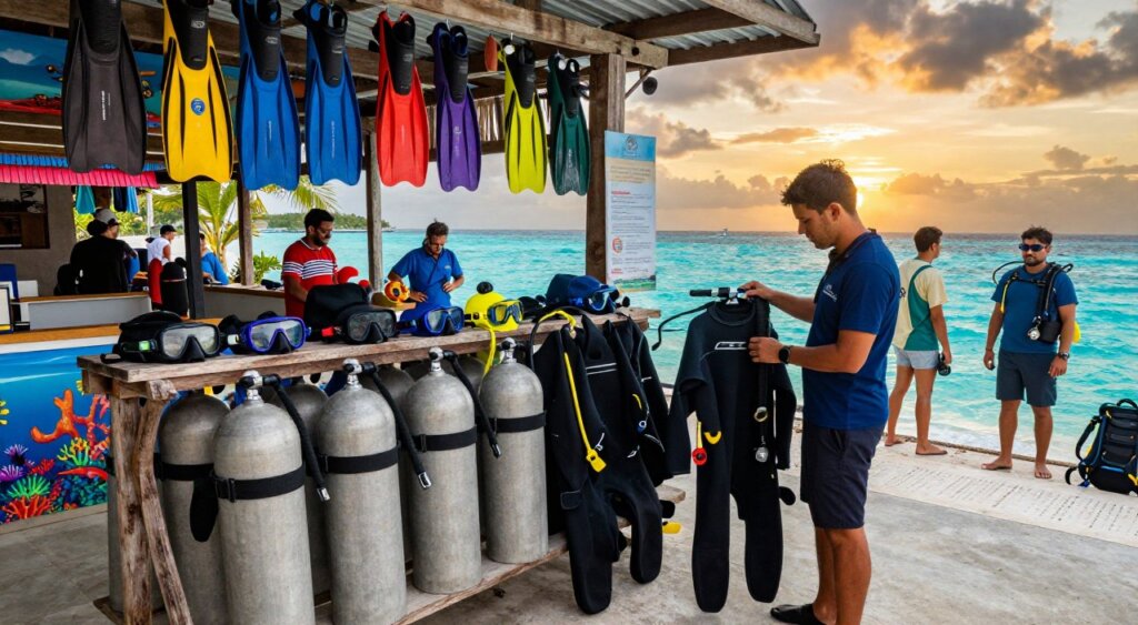 A vibrant, dynamic scene at a Gili Trawangan dive center showcasing a variety of rental dive equipment, including tanks, masks, and fins neatly arranged on a rustic wooden display rack. In the foreground, a diving instructor in a smart casual outfit inspects a wetsuit, emphasizing professionalism and safety. The middle ground features coral reef illustrations and informational signs, enhancing the dive center's welcoming atmosphere. In the background, tourists are seen gearing up for diving, with the stunning turquoise ocean and a dramatic sunset casting golden light on the scene. The overall mood is adventurous and inviting, capturing the spirit of diving in Gili Trawangan, with a focus on quality and service. The image should be composed with a wide-angle lens, highlighting the vibrant colors and detailed textures of the equipment. A vibrant, dynamic scene at a Gili Trawangan dive center showcasing a variety of rental dive equipment, including tanks, masks, and fins neatly arranged on a rustic wooden display rack. In the foreground, a diving instructor in a smart casual outfit inspects a wetsuit, emphasizing professionalism and safety. The middle ground features coral reef illustrations and informational signs, enhancing the dive center's welcoming atmosphere. In the background, tourists are seen gearing up for diving, with the stunning turquoise ocean and a dramatic sunset casting golden light on the scene. The overall mood is adventurous and inviting, capturing the spirit of diving in Gili Trawangan, with a focus on quality and service. The image should be composed with a wide-angle lens, highlighting the vibrant colors and detailed textures of the equipment.