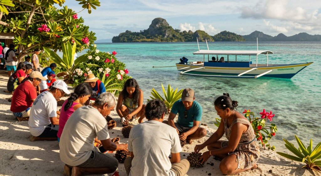 A vibrant, eco-tourism scene in Raja Ampat showcasing a local community engaged in conservation efforts. In the foreground, a group of diverse individuals in modest, casual clothing participate in a coral planting activity, showcasing teamwork and dedication. In the middle ground, lush greenery and tropical flowers frame the group, while a boat with eco-friendly branding is moored nearby, illustrating sustainable practices. The background features stunning, crystal-clear turquoise waters and distant islands, typical of Raja Ampat's breathtaking landscapes. The scene is bathed in warm, golden sunlight, with soft shadows enhancing the intimate atmosphere. The composition should evoke a sense of hope and community spirit, emphasizing the harmony between tourism and nature conservation. Capture with a wide-angle lens for an immersive perspective. A vibrant, eco-tourism scene in Raja Ampat showcasing a local community engaged in conservation efforts. In the foreground, a group of diverse individuals in modest, casual clothing participate in a coral planting activity, showcasing teamwork and dedication. In the middle ground, lush greenery and tropical flowers frame the group, while a boat with eco-friendly branding is moored nearby, illustrating sustainable practices. The background features stunning, crystal-clear turquoise waters and distant islands, typical of Raja Ampat's breathtaking landscapes. The scene is bathed in warm, golden sunlight, with soft shadows enhancing the intimate atmosphere. The composition should evoke a sense of hope and community spirit, emphasizing the harmony between tourism and nature conservation. Capture with a wide-angle lens for an immersive perspective.