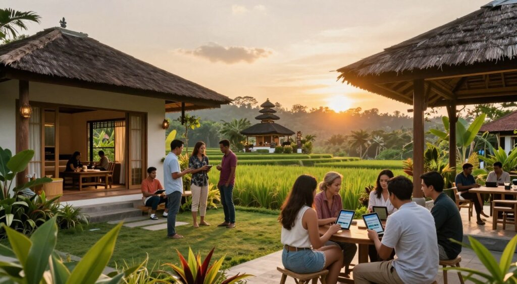 A vibrant expat housing scene in Bali, showcasing a charming open-air villa in the foreground, surrounded by lush tropical plants and a serene rice terrace. In the middle ground, diverse expats—from various backgrounds, dressed in modest casual clothing—are engaging in conversations while browsing housing listings on tablets. The background features rolling hills and an iconic Balinese temple under a warm, golden sunset, casting a soft glow over the scene. The image is captured with a wide-angle lens at a low angle to emphasize the spaciousness and natural beauty of the environment. The mood conveys a sense of community, warmth, and tranquility, ideal for illustrating the housing resources available for expats in Bali.
