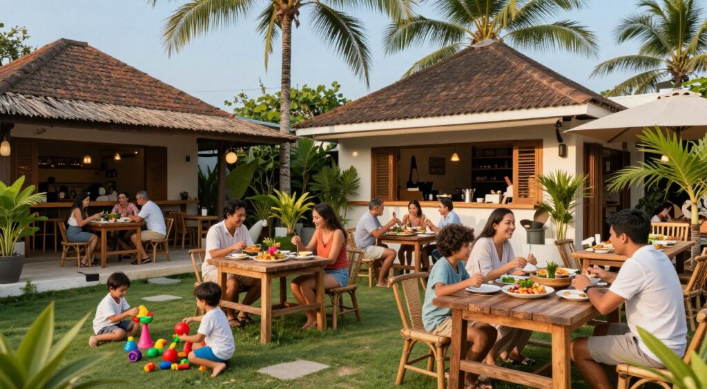 A vibrant family-friendly café scene in Seminyak, showcasing a diverse group of families enjoying their time together. In the foreground, children are playing with colorful toys on a grassy area, while parents relax at rustic wooden tables adorned with tropical plants. The middle ground features cheerful families sharing meals, with fresh, colorful dishes visible on the tables, enhancing the inviting atmosphere. In the background, the café’s charming architecture blends seamlessly with palm trees under a clear blue sky. The lighting is warm and soft, reminiscent of late afternoon sun, creating a welcoming and relaxed mood. The image is captured from a slightly elevated angle to provide a comprehensive view, emphasizing the café's lively and friendly environment.