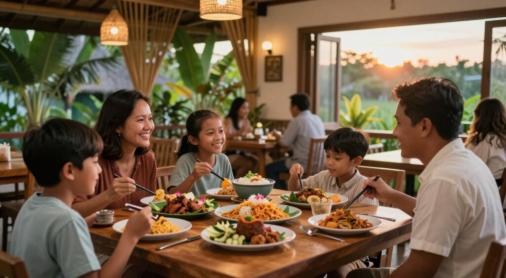 A vibrant, family-friendly dining scene in Kuta, Lombok, showcasing a diverse range of delicious Indonesian dishes. In the foreground, a cheerful family sits at a wooden table, dressed in casual, modest clothing, delighting in traditional meals like Nasi Goreng and Sate. Freshly prepared dishes are artfully arranged on the table with colorful garnishes. In the middle, a cozy restaurant setting with bamboo decor, tropical plants, and soft lighting creates an inviting atmosphere. The background features the warm glow of sunset filtering through open windows, highlighting the lush greenery outside. Capture this scene with a shallow depth of field, using natural lighting to enhance the warm, family-oriented mood, reminiscent of National Geographic's photojournalism style.