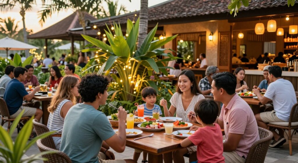 A vibrant family-friendly dining scene in Seminyak, featuring an outdoor restaurant environment bustling with children and families enjoying their meals. In the foreground, a diverse family of four dressed in casual attire—parents and two kids—are seated at a wooden table adorned with colorful dishes and drinks. The middle of the image includes a lush garden with tropical plants and softly glowing string lights, creating a warm atmosphere. In the background, glimpses of other families dining, with a beautifully designed restaurant that reflects local Balinese architecture. The lighting is warm and inviting, capturing the golden hues of sunset. The camera angle is slightly elevated for a comprehensive view of this joyful dining experience. A vibrant family-friendly dining scene in Seminyak, featuring an outdoor restaurant environment bustling with children and families enjoying their meals. In the foreground, a diverse family of four dressed in casual attire—parents and two kids—are seated at a wooden table adorned with colorful dishes and drinks. The middle of the image includes a lush garden with tropical plants and softly glowing string lights, creating a warm atmosphere. In the background, glimpses of other families dining, with a beautifully designed restaurant that reflects local Balinese architecture. The lighting is warm and inviting, capturing the golden hues of sunset. The camera angle is slightly elevated for a comprehensive view of this joyful dining experience.
