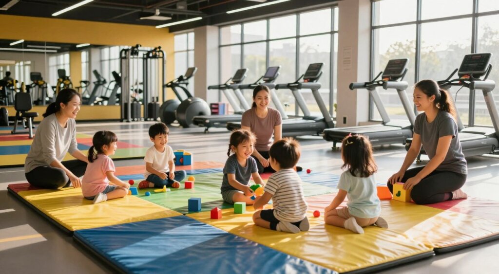 A vibrant family-friendly gym childcare area within a modern fitness center. In the foreground, a bright and colorful play area filled with soft play mats and age-appropriate toys, featuring children (dressed in modest casual clothing) laughing and playing. The middle ground showcases attentive childcare staff engaging with the children, wearing professional active wear, smiling and creating a fun atmosphere. The background highlights the gym's state-of-the-art workout equipment visible through large windows, bathed in warm, natural sunlight filtering in. The overall mood is cheerful and inviting, capturing the essence of a welcoming environment for families, with a focus on safety and engagement. Use a wide-angle lens to emphasize the spaciousness of the area, showcasing an organized yet playful setting.