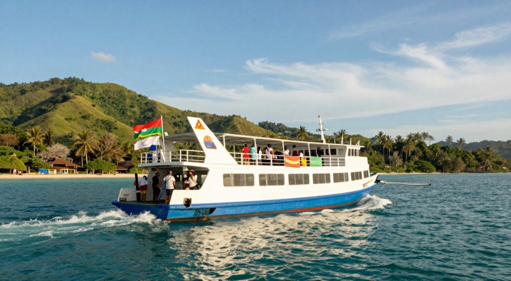 A vibrant ferry boat navigating the turquoise waters on its journey to Lombok and the Gili Islands. In the foreground, the ferry is adorned with colorful local flags and features families and travelers in modest casual clothing enjoying the scenic ride, capturing their excitement. The middle section showcases the boat cutting through gentle waves with sunlight glistening on the water's surface, highlighting its motion. In the background, lush green hills and tropical forested landscapes of Lombok shore are visible, framed under a clear blue sky with wispy clouds. The atmosphere is cheerful and adventurous, evoking a sense of exploration and the allure of island escape. The image should be shot from a low angle to emphasize the ferry's journey, bathed in warm, natural lighting, embodying the essence of travel and discovery in a professional, photojournalism style.