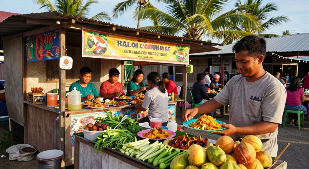 A vibrant food stall in Kuta, Lombok, showcasing an array of affordable local dishes. In the foreground, a friendly vendor in modest casual clothing serves colorful plates of nasi goreng and satay, surrounded by fresh vegetables and tropical fruits. The middle ground features a rustic wooden stall adorned with colorful banners and local art, bustling with customers of diverse backgrounds enjoying their meals. In the background, lush palm trees sway gently under a bright blue sky, enhancing the tropical atmosphere. Soft sunlight filters through, casting warm highlights on the food, creating an inviting and lively scene. Capture the essence of a busy, budget-friendly eatery, illustrating community and culinary richness in a photojournalism style.