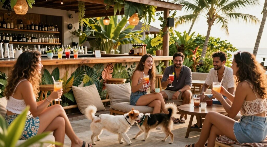 A vibrant gathering at a pet-friendly bar in Seminyak, featuring happy patrons of diverse ethnicities enjoying drinks and laughter, casually dressed in stylish beachwear and comfortable clothing. In the foreground, a small dog playfully interacts with a few guests, emphasizing the pet-friendly atmosphere. The middle ground showcases a beautifully decorated bar filled with tropical plants, colorful cocktails on a wooden counter, and cozy seating arrangements with cushions. In the background, lush greenery and palm trees gently sway under the warm, golden sunlight of a late afternoon. The scene captures a lively yet relaxed mood, with soft focus and natural lighting that enhances the inviting ambiance, evoking the essence of Seminyak's vibrant bar culture.