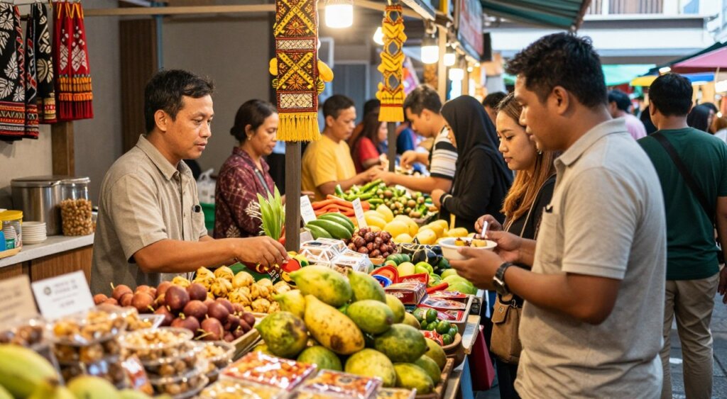 A vibrant gourmet food market event in an Indonesian grocery store setting, showcasing diverse stalls filled with colorful local produce, artisanal goods, and traditional snacks. In the foreground, a friendly vendor in modest casual attire engages with a customer examining fresh tropical fruits. The middle ground features shoppers browsing stalls adorned with intricate decorations inspired by Indonesian culture. In the background, warm, natural lighting enhances the lively atmosphere as people enjoy tasting samples. Capture the essence of community and celebration with a focus on the interaction between people, highlighting the rich textures and colors of the vibrant food market. The photo should evoke a sense of warmth and togetherness, akin to professional photojournalism with a National Geographic quality. A vibrant gourmet food market event in an Indonesian grocery store setting, showcasing diverse stalls filled with colorful local produce, artisanal goods, and traditional snacks. In the foreground, a friendly vendor in modest casual attire engages with a customer examining fresh tropical fruits. The middle ground features shoppers browsing stalls adorned with intricate decorations inspired by Indonesian culture. In the background, warm, natural lighting enhances the lively atmosphere as people enjoy tasting samples. Capture the essence of community and celebration with a focus on the interaction between people, highlighting the rich textures and colors of the vibrant food market. The photo should evoke a sense of warmth and togetherness, akin to professional photojournalism with a National Geographic quality.