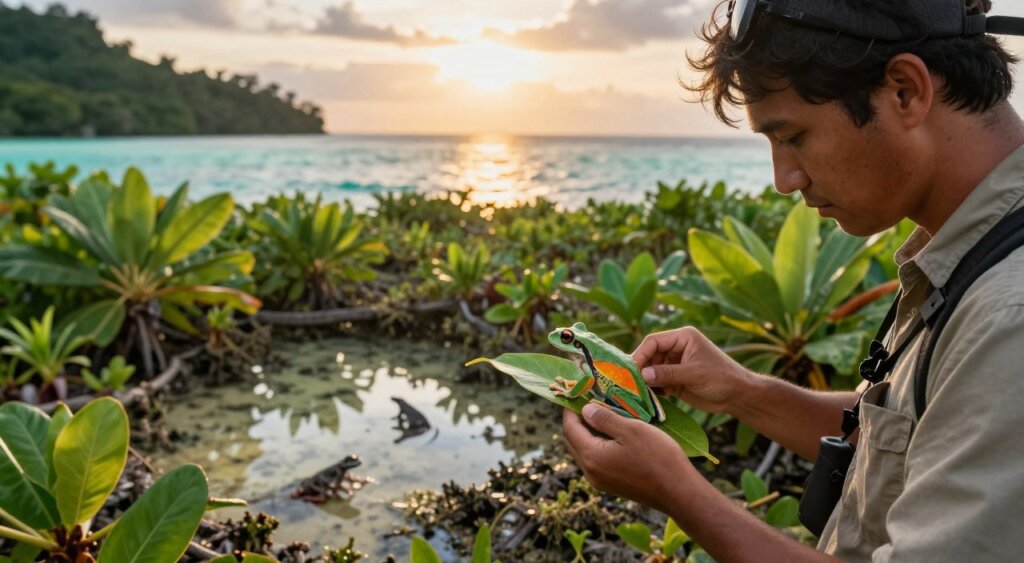 A vibrant herping scene in Raja Ampat's coastal habitat, showcasing rich biodiversity. In the foreground, a focused herpetologist, dressed in modest casual clothing, examines a small, colorful tree frog resting on a leaf. The middle ground features a lush green landscape with various tropical plants and a clear view of murky tidal pools where unique reptiles and amphibians can be spotted. In the background, the turquoise waters of Raja Ampat glisten under a brilliant sunset, casting warm golden light across the scene. Use a shallow depth of field to emphasize the herpetologist and the frog while softly blurring the background. The atmosphere is serene and inviting, highlighting the beauty of wildlife in its natural habitat.