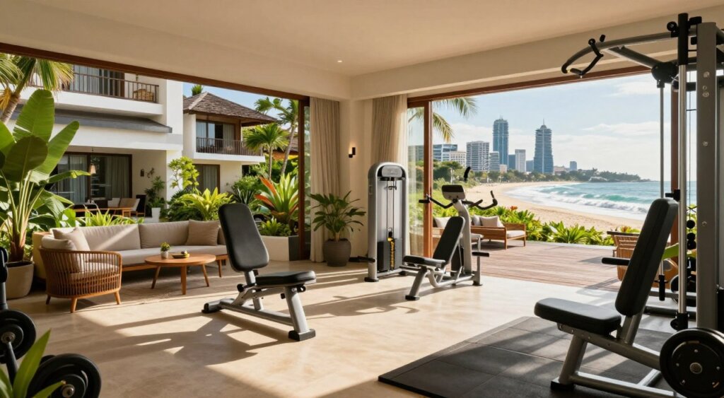A vibrant, high-quality image depicting a stylish gym accommodation in Seminyak, Bali. In the foreground, showcase a modern, well-equipped gym with sleek fitness machines and weights, brightly lit by natural sunlight streaming through large windows. To the side, include cozy lounge areas with tropical plants and contemporary furniture, creating a welcoming atmosphere. The middle ground features glimpses of stylish hotel rooms with private balconies overlooking lush greenery, embodying relaxation and luxury. In the background, capture the iconic Seminyak skyline with beach waves gently lapping the shore, portraying the essence of Bali. Use a warm, inviting color palette with soft lighting to evoke a sense of tranquility and motivation, ideal for fitness enthusiasts and travelers alike. The composition should feel fresh and lively, inviting viewers to envision their fitness journey in paradise.
