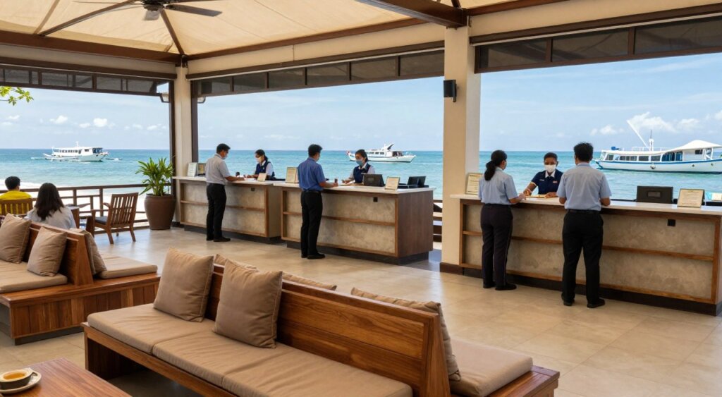 A vibrant image of the Sanur Port waiting area facilities in Bali, showcasing a modern and inviting space designed for travelers. In the foreground, comfortable seating areas with wooden benches and soft cushions provide a welcoming environment. The middle ground features well-organized ticket counters and information desks staffed by professional attendants in smart uniforms, ready to assist visitors. To the background, expansive windows reveal a view of boats gently bobbing in the turquoise waters, under a clear blue sky. Natural light floods the area, creating a warm and inviting atmosphere. The overall composition should evoke a sense of travel anticipation and relaxation, reflecting the beautiful coastal charm of Sanur Port.