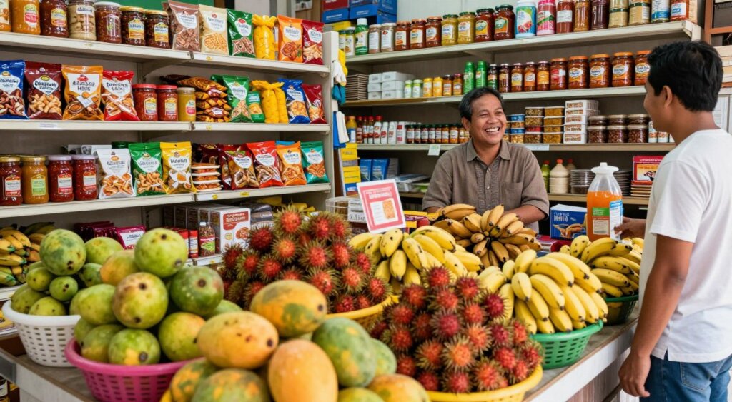 A vibrant indoor scene of an Indonesian grocery store, showcasing an array of traditional products. In the foreground, display fresh tropical fruits like mangos, rambutans, and bananas arranged in colorful baskets. The middle ground features shelves stocked with local snacks, packaged spices, and jars of sambal, creating a rich tapestry of colors and textures. In the background, a smiling shopkeeper in modest casual clothing interacts with a customer, emphasizing community and warmth. The lighting is bright and inviting, reminiscent of natural daylight, enhancing the vivid colors of the products. Use a wide-angle lens to capture the store's bustling atmosphere, conveying a sense of authenticity and cultural richness typical of Indonesia's diverse culinary offerings. A vibrant indoor scene of an Indonesian grocery store, showcasing an array of traditional products. In the foreground, display fresh tropical fruits like mangos, rambutans, and bananas arranged in colorful baskets. The middle ground features shelves stocked with local snacks, packaged spices, and jars of sambal, creating a rich tapestry of colors and textures. In the background, a smiling shopkeeper in modest casual clothing interacts with a customer, emphasizing community and warmth. The lighting is bright and inviting, reminiscent of natural daylight, enhancing the vivid colors of the products. Use a wide-angle lens to capture the store's bustling atmosphere, conveying a sense of authenticity and cultural richness typical of Indonesia's diverse culinary offerings.
