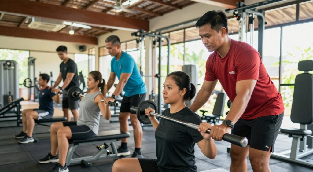 A vibrant interior of a modern gym in Lombok, featuring a diverse group of professional personal trainers engaged in fitness training with clients. In the foreground, a focused trainer demonstrating a weightlifting technique to a client who appears motivated and attentive. The middle ground shows additional trainers assisting clients with various exercises, all wearing professional gym attire, ensuring a friendly and encouraging atmosphere. The background reveals well-equipped gym apparatus and large windows allowing natural light to flood the space, creating a warm and inviting ambiance. The scene is captured with a slightly low-angle lens, emphasizing the trainers' expertise and dedication, while vivid colors and sharp details highlight the professional environment. The overall mood is energetic and supportive, ideal for illustrating professional staff in a gym setting.