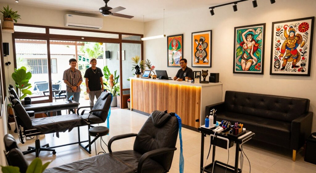 A vibrant interior of a popular tattoo studio in Seminyak, showcasing an artistic blend of modern and traditional Balinese decor. In the foreground, intricately designed tattoo stations are equipped with professional tattooing equipment, featuring comfortable seating and organized tools. The middle ground includes a well-lit reception area with friendly staff in modest casual clothing, adorned with local artwork and colorful tattoo designs displayed on the walls. In the background, large windows let in natural light, casting a warm glow over the space, enhancing the welcoming atmosphere. The mood is creative and inviting, with a sense of artistry and professionalism. Shot with a wide-angle lens to capture the full essence of the studio, focusing on detail and ambiance.