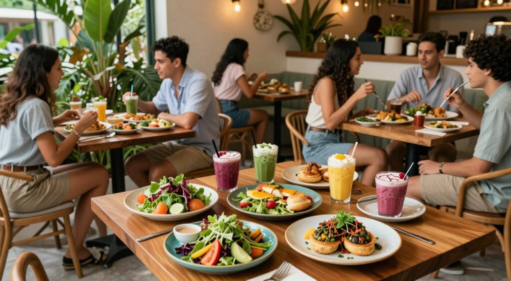 A vibrant, inviting scene in a trendy Seminyak café showcasing an array of beautifully presented vegan dishes. In the foreground, a wooden table is adorned with colorful plates featuring fresh salads, smoothie bowls, and artisan vegan pastries, all artfully arranged. The middle ground features patrons enjoying their meals, dressed in stylish, modest casual clothing, immersed in conversation, radiating a relaxed, joyful atmosphere. The background reveals a tastefully decorated café interior with tropical plants and warm, natural lighting that creates a cozy ambience. The angle is slightly elevated, capturing the delightful variety of food and the lively interactions between people, evoking the spirit of community and health-conscious dining in Seminyak. The overall mood is cheerful and inviting, reflecting the culinary richness of vegan and vegetarian options available in this vibrant area.